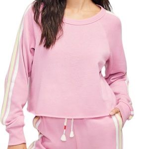 Wildfox Homestead Stripes World Tour Crop Raw Edge Pink Sweatshirt